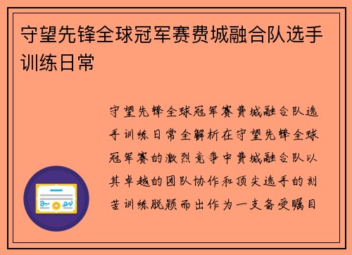 守望先锋全球冠军赛费城融合队选手训练日常